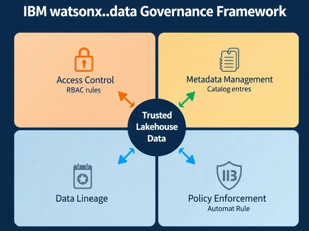 A four-quadrant diagram labeled 'IBM watsonx.data Governance Framework.' Top-left: Access Control (lock icon, RBAC rules). Top-right: Metadata Management (tag icon, catalog entries). Bottom-left: Data Lineage (arrows tracing data from source to consumer). Bottom-right: Policy Enforcement (shield icon, automatic rule application). A central hub labeled 'Trusted Lakehouse Data' connects all four quadrants with bidirectional arrows.