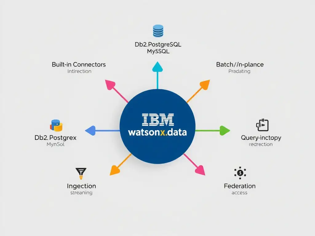 A hub-and-spoke diagram with IBM watsonx.data in the center. Three connector categories radiate outward: Built-in Connectors (database icons for Db2, PostgreSQL, MySQL), Ingestion Pipelines (a funnel icon labeled batch/streaming), and Federation (a network icon labeled query-in-place). Each spoke is color-coded and labeled with typical latency: connectors for medium latency, ingestion for high throughput, federation for low-copy real-time access.