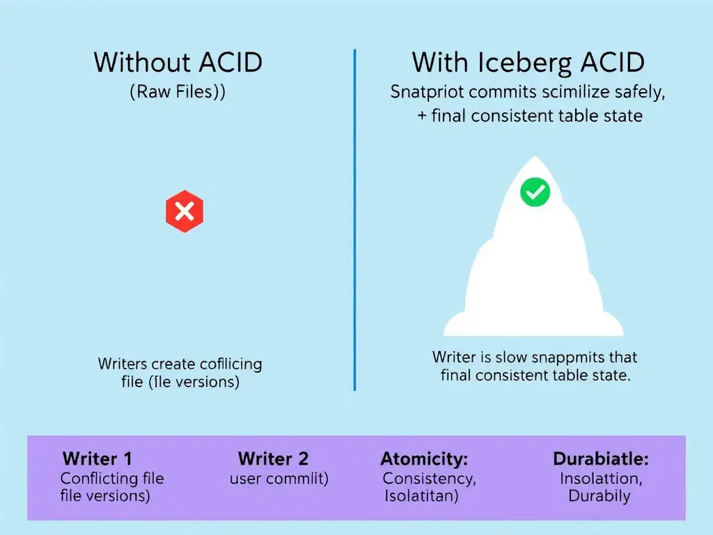 A side-by-side comparison diagram. Left side labeled 'Without ACID (Raw Files)' shows two writers creating conflicting file versions with a red collision icon. Right side labeled 'With Iceberg ACID' shows Writer 1 and Writer 2 using snapshot commits that serialize safely, with a green checkmark showing the final consistent table state. A bottom row lists the four ACID properties: Atomicity, Consistency, Isolation, Durability with brief definitions.