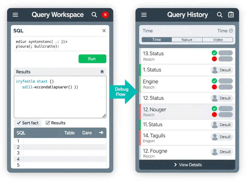 A two-panel UI mockup. Left panel shows the Query Workspace: a SQL editor with syntax highlighting, a Run button, and a results table below. Right panel shows Query History: a time-sorted list of past queries with columns for Status (green/red icons), Duration, Engine, and a View Details link. An arrow between panels labeled 'Debug Flow' shows the workflow from failed result to history review.