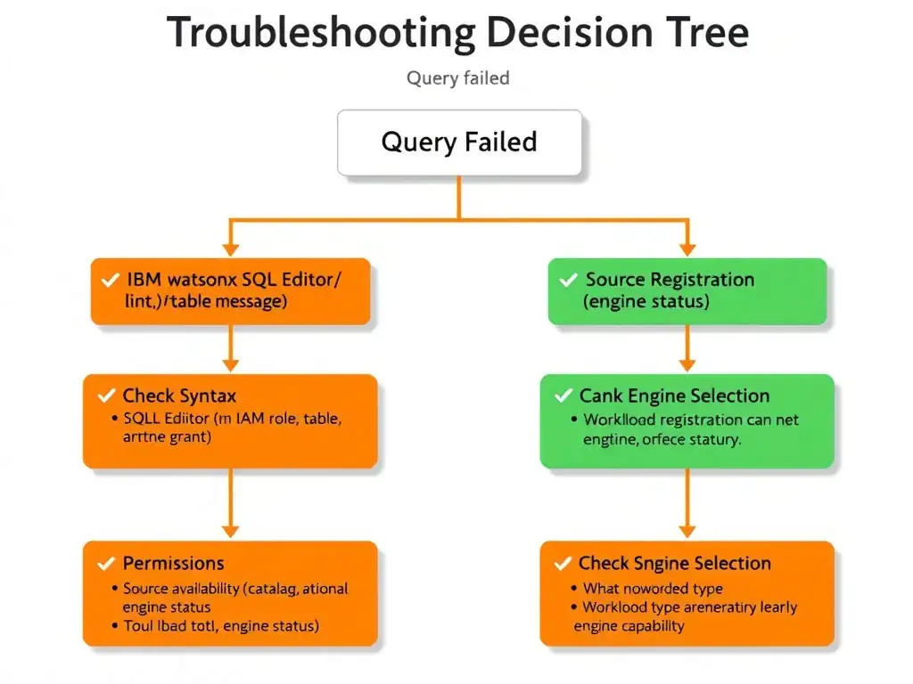 A flowchart titled 'IBM watsonx.data SQL Troubleshooting Decision Tree.' Starting node: 'Query Failed.' Four branches: Check Syntax (SQL Editor lint, error message), Check Permissions (IAM role, table grant), Check Source Availability (catalog registration, engine status), Check Engine Selection (workload type, engine capability). Each branch ends with a resolution action box. Color-coded: orange for checks, green for resolutions.