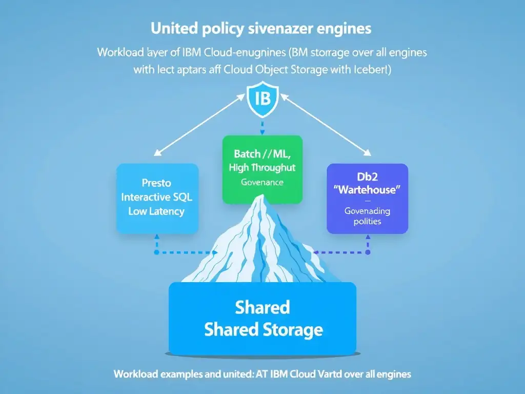 A central shared storage layer at the bottom (IBM Cloud Object Storage with Iceberg tables). Above it, three engine boxes connected by upward arrows: Presto (labeled 'Interactive SQL, Low Latency'), Apache Spark (labeled 'Batch/ML, High Throughput'), Db2 Warehouse (labeled 'Mixed Analytical-Transactional'). A governance shield spans across the top, indicating unified policy enforcement over all engines. Workload examples shown next to each engine.
