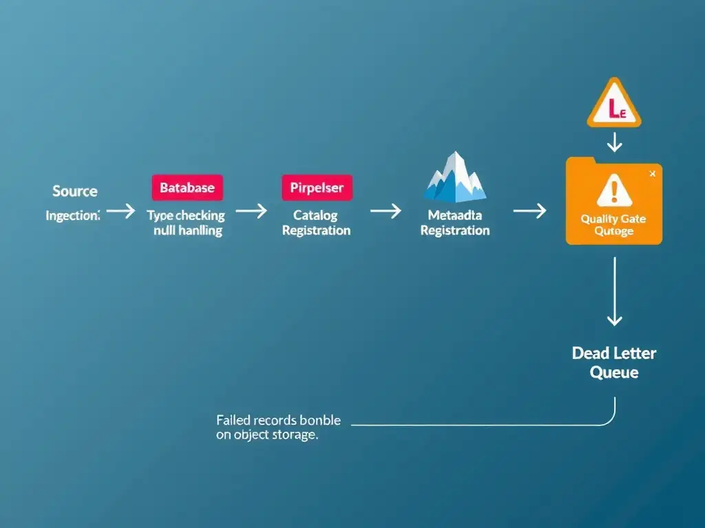 A pipeline diagram showing data flowing left to right through four stages: Source (database icon), Ingestion Layer (with sub-steps: schema validation, type checking, null handling), Catalog Registration (metadata tagging, lineage capture), and Lakehouse Storage (Iceberg table on object storage). Each stage has a quality gate icon. Failed records branch downward to a Dead Letter Queue with an alert icon.