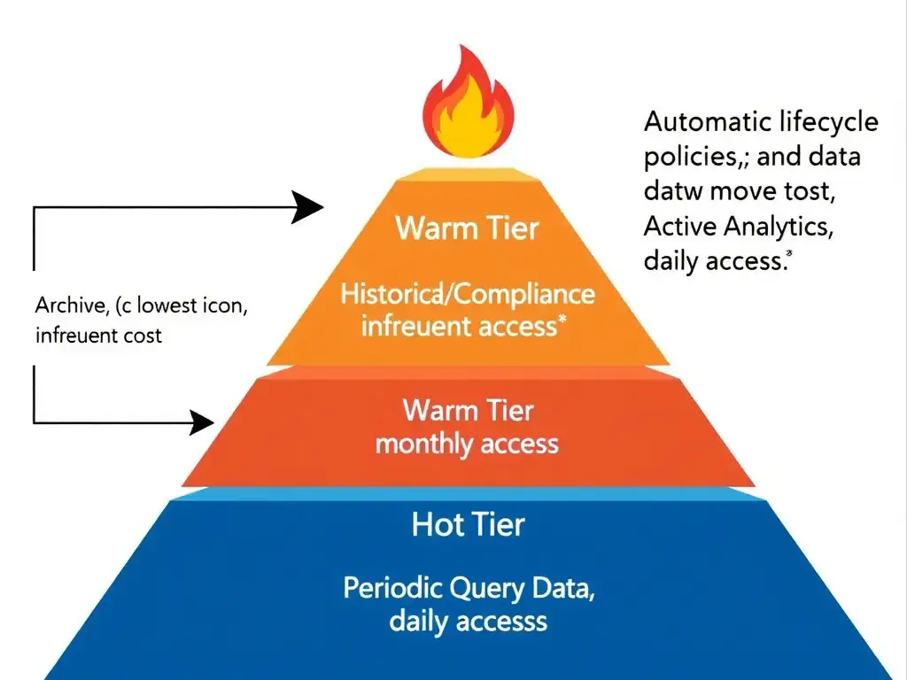 A storage tier pyramid with three levels. Bottom level (widest): Cold Tier (archive icon, lowest cost, labeled 'Historical/Compliance Data, infrequent access'). Middle level: Warm Tier (medium cost, labeled 'Periodic Query Data, monthly access'). Top level (narrowest): Hot Tier (flame icon, highest cost, labeled 'Active Analytics, daily access'). Arrows on the left side show automatic lifecycle policies moving data down the pyramid over time.
