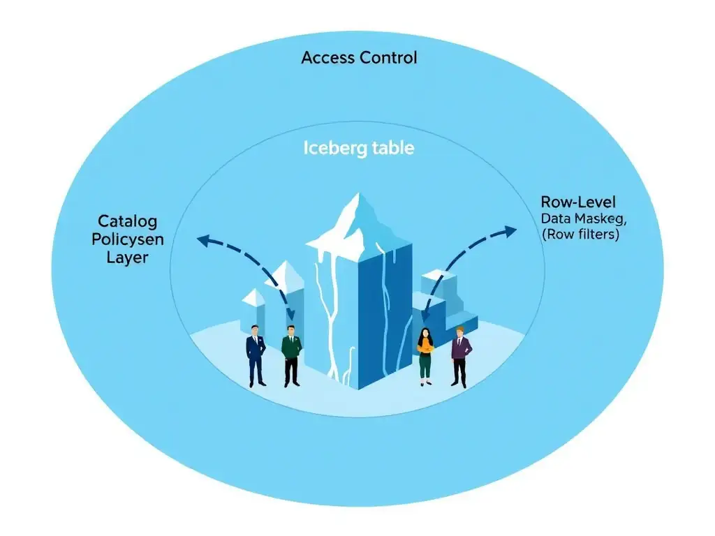 A layered access control diagram for IBM watsonx.data. Three concentric rings labeled from outside to inside: IBM IAM Layer (authentication, user identity), Catalog Policy Layer (table-level and column-level grants), and Row-Level Security Layer (dynamic data masking, row filters). At the center: a protected Iceberg table. Small user icons at the outer ring show different roles (Admin, Analyst, Data Engineer) with arrows pointing only to the layers they are permitted to access.