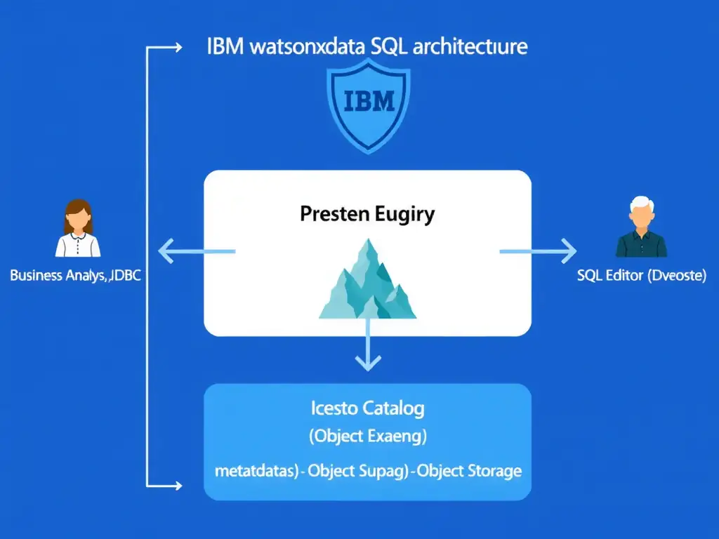 A diagram showing the IBM watsonx.data SQL access architecture. Left side: user personas (Business Analyst, Data Engineer, Application Developer) with arrows pointing to their respective access interfaces (BI Tool via JDBC, SQL Editor via browser, REST API via application). All three interface arrows converge on the Presto Query Engine in the center, which connects to the Iceberg Catalog (metadata) and Object Storage (data files) below. A governance policy shield sits above the query engine.