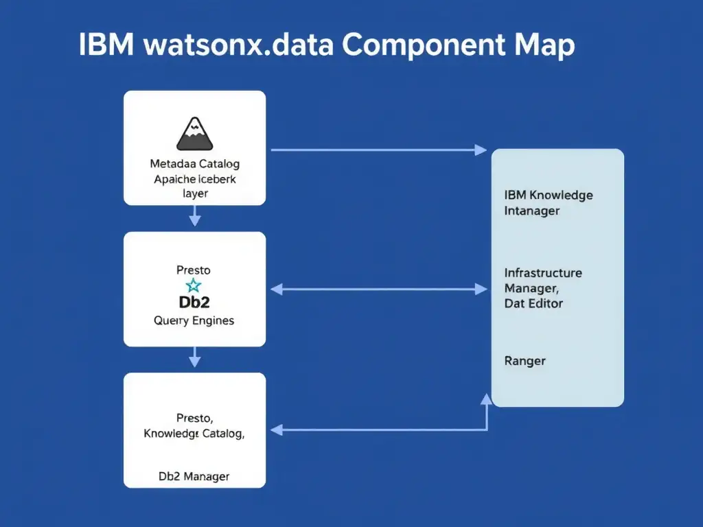 An architecture block diagram titled 'IBM watsonx.data Component Map.' Five labeled blocks arranged in a layered structure: Storage Layer at the bottom (IBM COS icon), Metadata Catalog above it (Apache Iceberg icon), Query Engines layer (Presto, Spark, Db2 icons side by side), Governance Layer across the top (IBM Knowledge Catalog, Ranger), and Management Interfaces as a vertical panel on the right (Infrastructure Manager, Data Manager, SQL Editor). Bidirectional arrows show interactions between all layers.