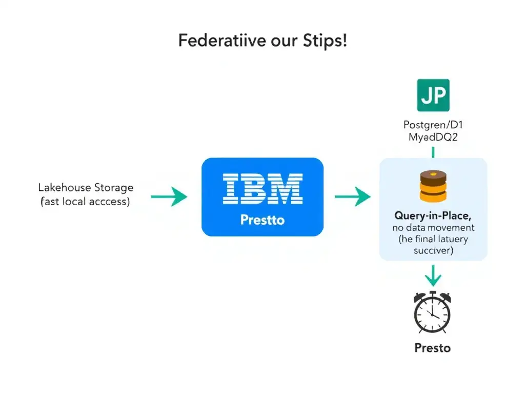 A federation query flow diagram. Center: IBM watsonx.data Presto Engine receiving a federated SQL query. Left branch: arrow to Lakehouse Storage (Iceberg tables, fast local access). Right branch: arrow to Remote Sources (PostgreSQL, Db2, MySQL icons) labeled 'Query-in-Place, no data movement.' Both branches return result sets to Presto which performs the final join. A clock icon on the remote branch indicates network latency awareness.