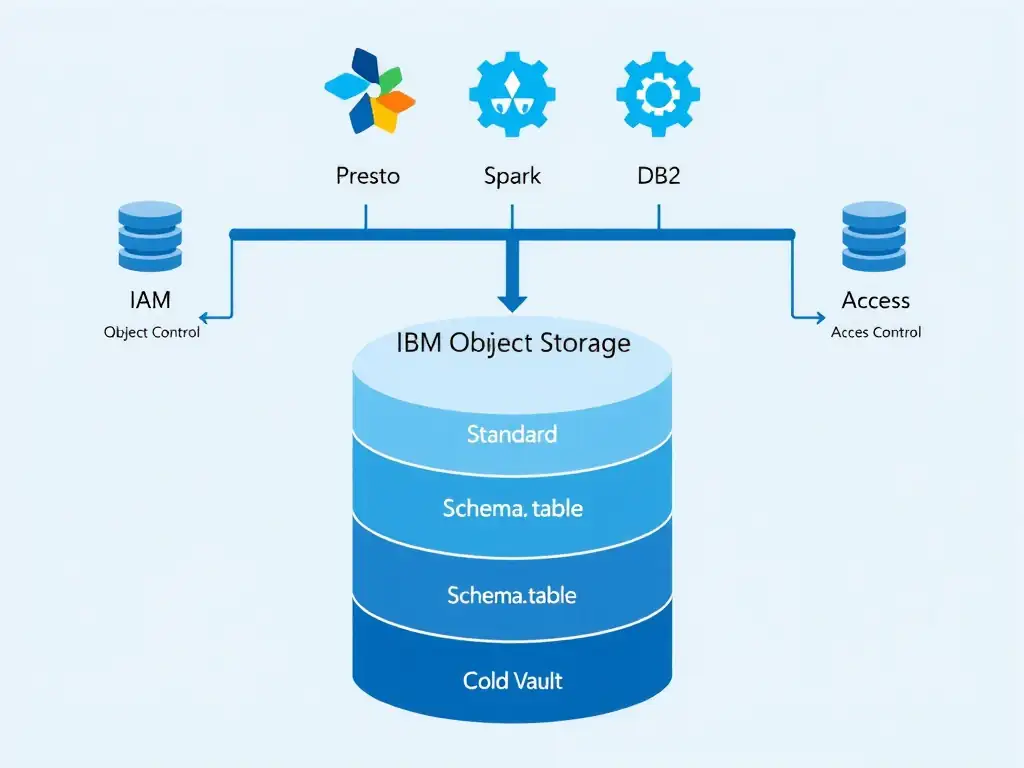 A diagram showing IBM Cloud Object Storage as a large cylinder at the bottom with three labeled sections representing storage tiers (Standard, Vault, Cold Vault). Above it, the Apache Iceberg metadata layer sits as a bridge, translating table references (schema.table) to object paths (bucket/prefix/data.parquet). Above that, three query engines (Presto, Spark, Db2) each send queries through the catalog bridge to the storage layer. IAM and access control icons frame the diagram on both sides.