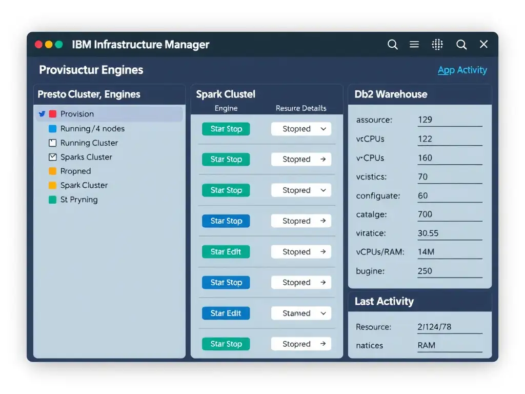A UI mockup of the IBM watsonx.data Infrastructure Manager showing a main panel with a list of provisioned engines: Presto Cluster (Running, 4 nodes), Spark Cluster (Stopped), Db2 Warehouse (Running). Each row has Start/Stop/Edit buttons and status indicators. A side panel shows engine details: associated catalogs, resource configuration (vCPUs, RAM), and last activity timestamp. A header toolbar shows the Infrastructure Manager navigation label.