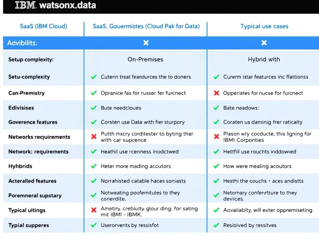 A clean three-column comparison table showing IBM watsonx.data deployment options: SaaS (IBM Cloud), On-Premises (Cloud Pak for Data), and Hybrid. Each column lists key attributes: setup complexity, governance features, network requirements, and typical use cases. The layout uses color-coded rows with checkmarks and X marks to indicate capability availability per deployment type.