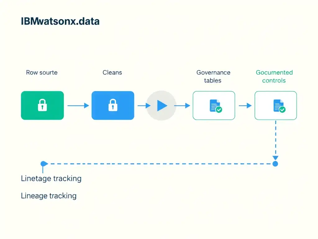 A data flow diagram showing raw source data entering an IBM watsonx.data pipeline on the left, passing through transformation stages (cleanse, enrich, validate) in the middle, and emerging as governed, documented tables on the right. Each stage has a lock or checkmark icon indicating governance controls. Arrows connect the stages, with lineage tracking shown as a dotted line running across the bottom.