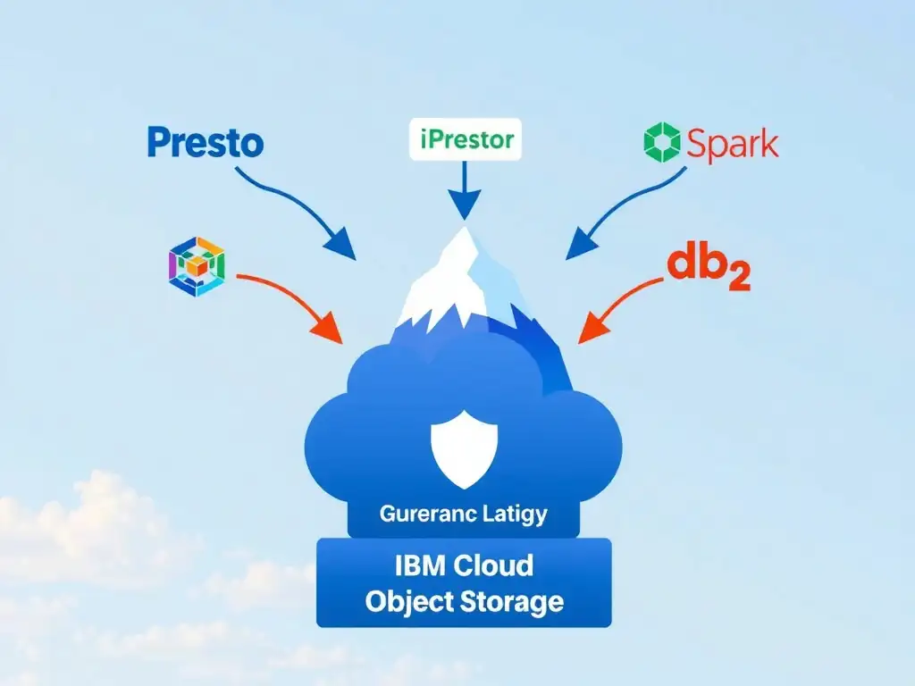 An architecture diagram with three layers stacked vertically. Bottom layer: IBM Cloud Object Storage holding Iceberg-formatted data files. Middle layer: Apache Iceberg metadata catalog with schema, partition, and snapshot information. Top layer: multiple query engines (Presto, Spark, Db2) all pointing down to the same catalog and storage. Arrows from each engine connect to the single shared data layer, with a governance shield icon overlaid on the catalog.