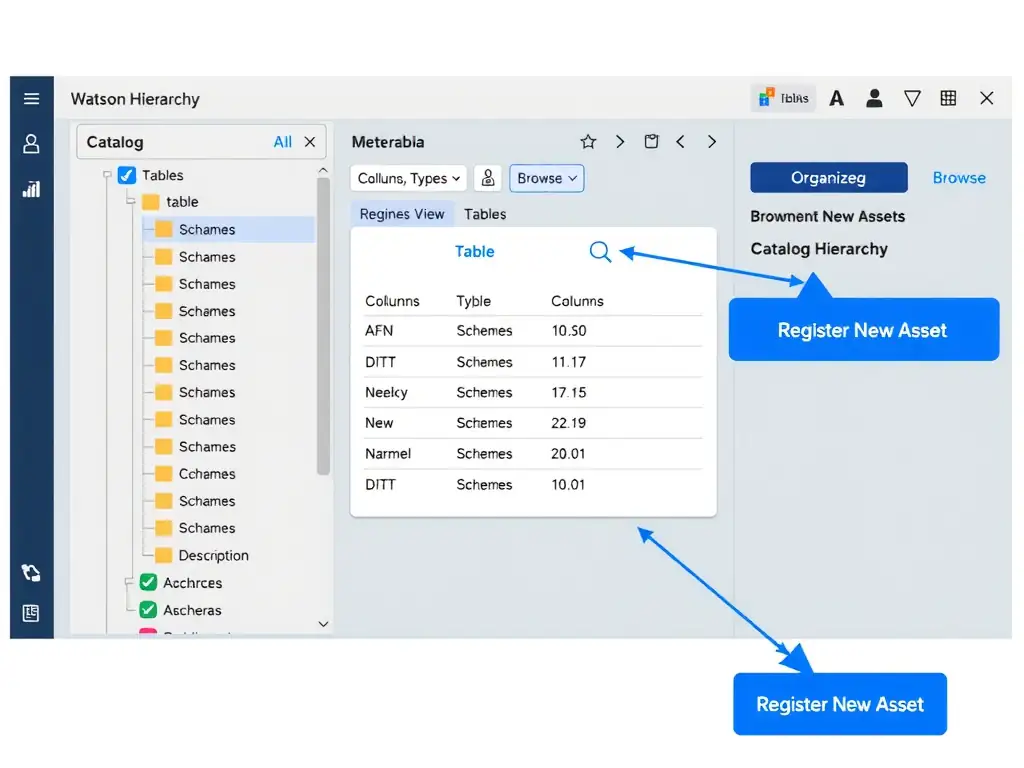 A screenshot-style mockup of the IBM watsonx.data Data Manager UI showing a left-panel catalog tree with schemas and tables listed, a center panel with table metadata (columns, types, descriptions), and a top toolbar with Register, Browse, and Organize buttons. Callout boxes highlight the Register New Asset button and the catalog hierarchy view.