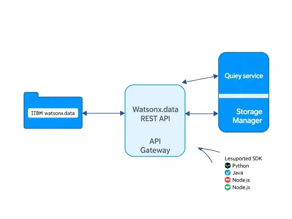 A technical integration diagram showing an application server on the left sending HTTP requests (with a Bearer token header) to the IBM watsonx.data REST API gateway in the center. From the API gateway, arrows fan out to three service boxes: Catalog Service, Query Engine, and Storage Manager. A legend in the corner shows the supported SDK languages: Python, Java, Node.js.