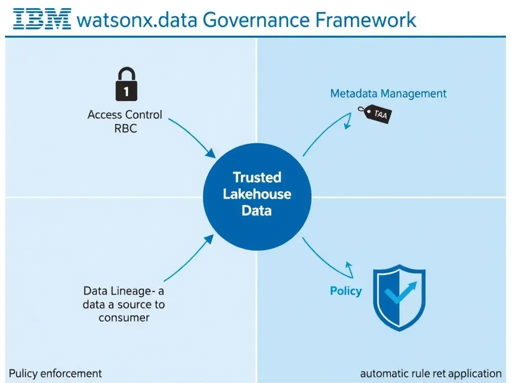 A four-quadrant diagram labeled 'IBM watsonx.data Governance Framework.' Top-left: Access Control (lock icon, RBAC rules). Top-right: Metadata Management (tag icon, catalog entries). Bottom-left: Data Lineage (arrows tracing data from source to consumer). Bottom-right: Policy Enforcement (shield icon, automatic rule application). A central hub labeled 'Trusted Lakehouse Data' connects all four quadrants with bidirectional arrows.