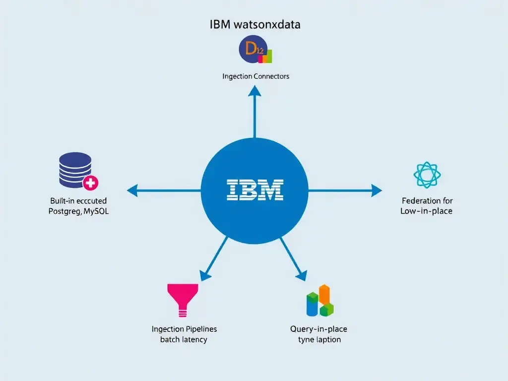 A hub-and-spoke diagram with IBM watsonx.data in the center. Three connector categories radiate outward: Built-in Connectors (database icons for Db2, PostgreSQL, MySQL), Ingestion Pipelines (a funnel icon labeled batch/streaming), and Federation (a network icon labeled query-in-place). Each spoke is color-coded and labeled with typical latency: connectors for medium latency, ingestion for high throughput, federation for low-copy real-time access.