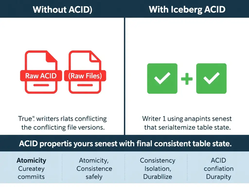 A side-by-side comparison diagram. Left side labeled 'Without ACID (Raw Files)' shows two writers creating conflicting file versions with a red collision icon. Right side labeled 'With Iceberg ACID' shows Writer 1 and Writer 2 using snapshot commits that serialize safely, with a green checkmark showing the final consistent table state. A bottom row lists the four ACID properties: Atomicity, Consistency, Isolation, Durability with brief definitions.