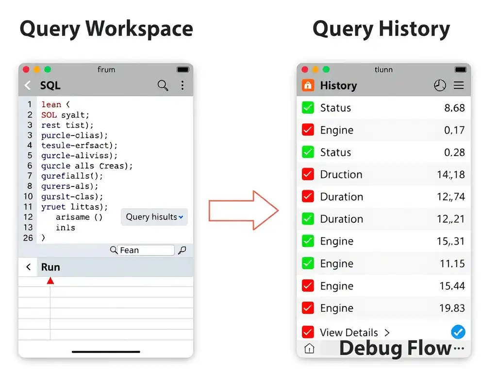 A two-panel UI mockup. Left panel shows the Query Workspace: a SQL editor with syntax highlighting, a Run button, and a results table below. Right panel shows Query History: a time-sorted list of past queries with columns for Status (green/red icons), Duration, Engine, and a View Details link. An arrow between panels labeled 'Debug Flow' shows the workflow from failed result to history review.