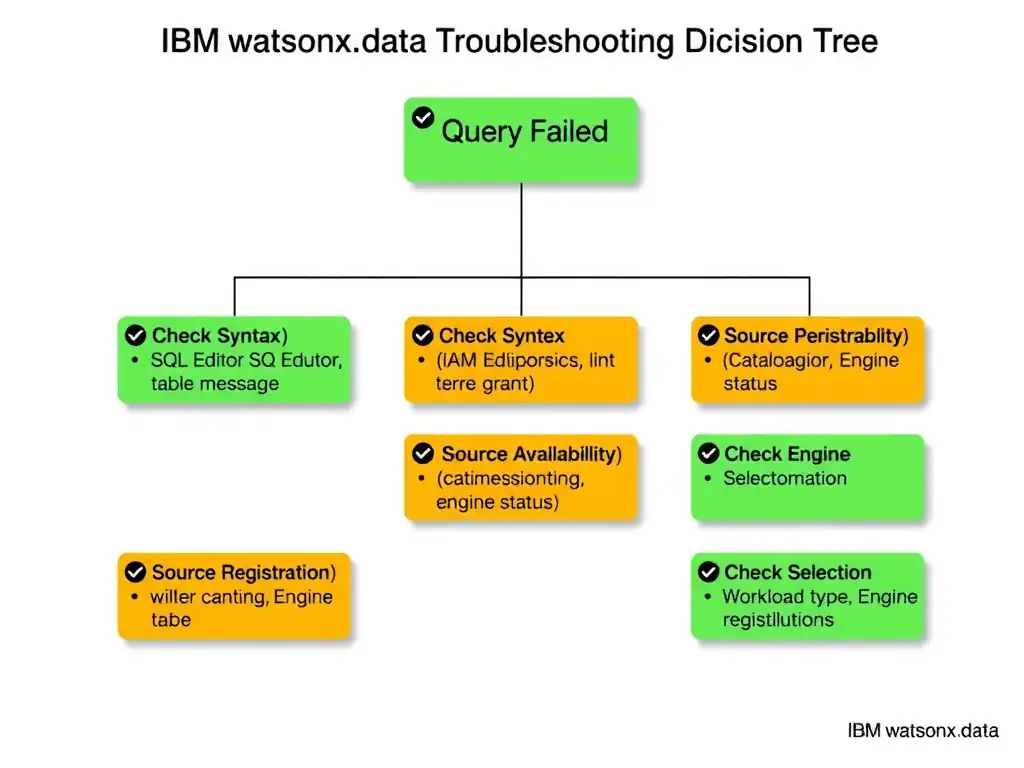 A flowchart titled 'IBM watsonx.data SQL Troubleshooting Decision Tree.' Starting node: 'Query Failed.' Four branches: Check Syntax (SQL Editor lint, error message), Check Permissions (IAM role, table grant), Check Source Availability (catalog registration, engine status), Check Engine Selection (workload type, engine capability). Each branch ends with a resolution action box. Color-coded: orange for checks, green for resolutions.