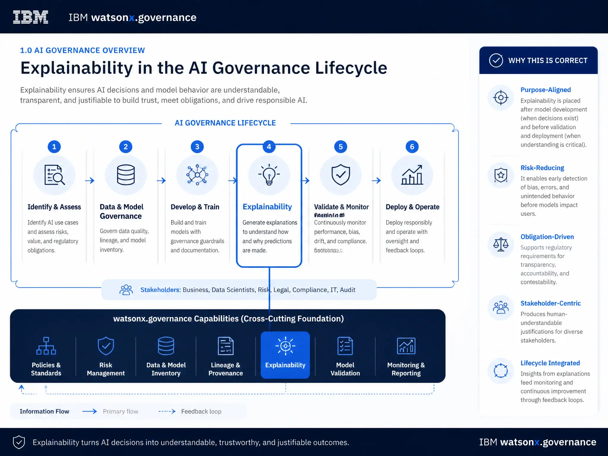 Educational infographic for IBM watsonx.governance: visualize the concept of 'Explainability' within the '1.0 AI Governance Overview' domain. Use a clean flowchart or layered diagram showing how this capability fits into an AI governance lifecycle — include labeled boxes for key steps, arrows showing data flow, and IBM blue/navy color palette. Add concise callout labels highlighting why this answer is correct.