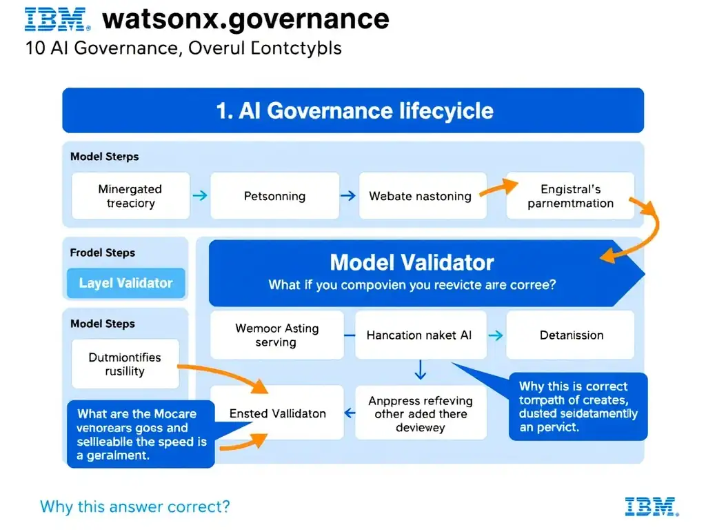 Educational infographic for IBM watsonx.governance: visualize the concept of 'Model Validator' within the '1.0 AI Governance Overview' domain. Use a clean flowchart or layered diagram showing how this capability fits into an AI governance lifecycle — include labeled boxes for key steps, arrows showing data flow, and IBM blue/navy color palette. Add concise callout labels highlighting why this answer is correct.