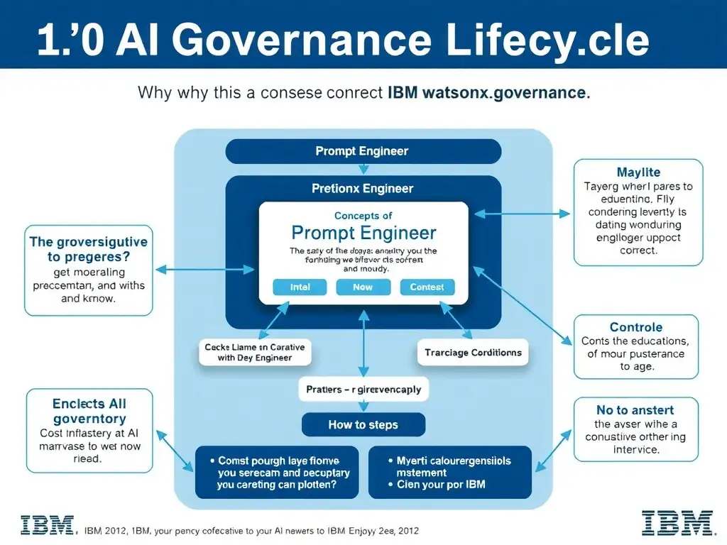 Educational infographic for IBM watsonx.governance: visualize the concept of 'Prompt Engineer' within the '1.0 AI Governance Overview' domain. Use a clean flowchart or layered diagram showing how this capability fits into an AI governance lifecycle — include labeled boxes for key steps, arrows showing data flow, and IBM blue/navy color palette. Add concise callout labels highlighting why this answer is correct.