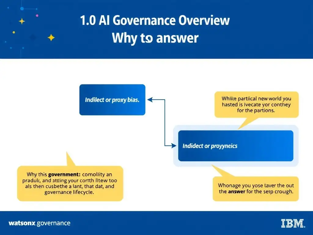 Educational infographic for IBM watsonx.governance: visualize the concept of 'Indirect or proxy bias' within the '1.0 AI Governance Overview' domain. Use a clean flowchart or layered diagram showing how this capability fits into an AI governance lifecycle — include labeled boxes for key steps, arrows showing data flow, and IBM blue/navy color palette. Add concise callout labels highlighting why this answer is correct.