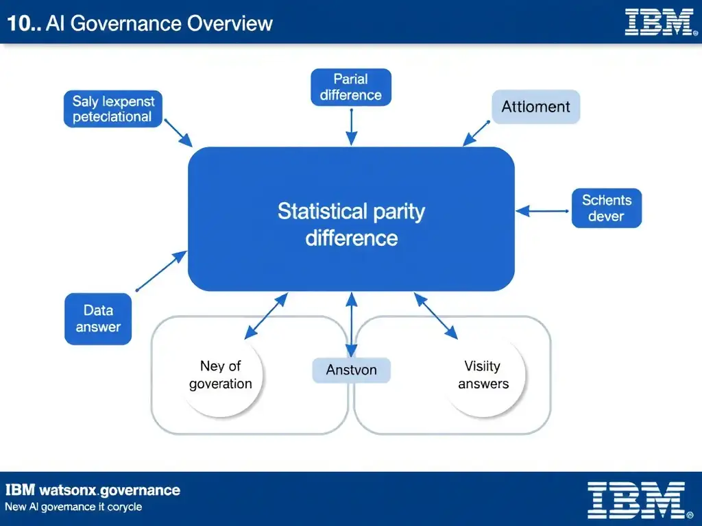Educational infographic for IBM watsonx.governance: visualize the concept of 'Statistical parity difference' within the '1.0 AI Governance Overview' domain. Use a clean flowchart or layered diagram showing how this capability fits into an AI governance lifecycle — include labeled boxes for key steps, arrows showing data flow, and IBM blue/navy color palette. Add concise callout labels highlighting why this answer is correct.
