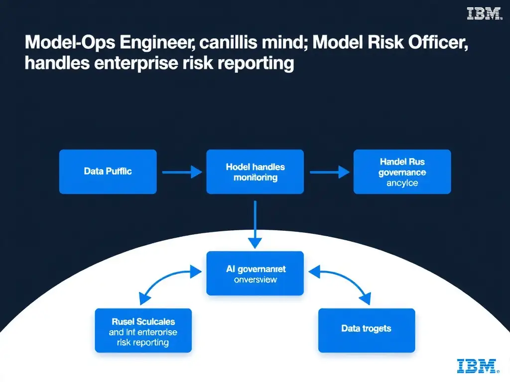 Educational infographic for IBM watsonx.governance: visualize the concept of 'Model Ops Engineer handles monitoring; Model Risk Officer handles enterprise risk reporting' within the '1.0 AI Governance Overview' domain. Use a clean flowchart or layered diagram showing how this capability fits into an AI governance lifecycle — include labeled boxes for key steps, arrows showing data flow, and IBM blue/navy color palette. Add concise callout labels highlighting why this answer is correct.