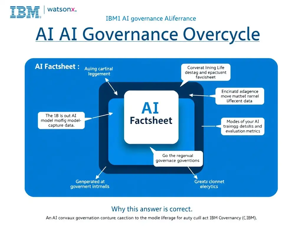 Educational infographic for IBM watsonx.governance: visualize the concept of 'AI Factsheet — IBM's internal governance artifact that auto-captures model lifecycle data including training details and evaluation metrics' within the '1.0 AI Governance Overview' domain. Use a clean flowchart or layered diagram showing how this capability fits into an AI governance lifecycle — include labeled boxes for key steps, arrows showing data flow, and IBM blue/navy color palette. Add concise callout labels highlighting why this answer is correct.