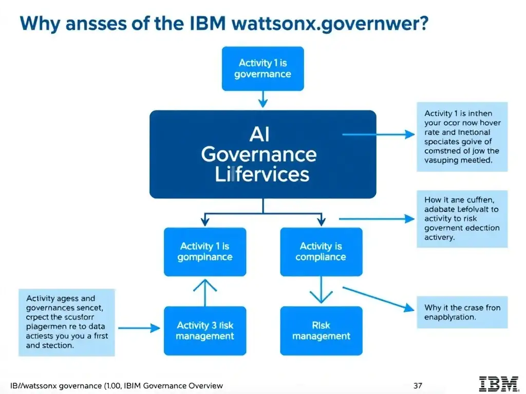 Educational infographic for IBM watsonx.governance: visualize the concept of 'Activity 1 is governance; Activity 2 is compliance; Activity 3 is risk management' within the '1.0 AI Governance Overview' domain. Use a clean flowchart or layered diagram showing how this capability fits into an AI governance lifecycle — include labeled boxes for key steps, arrows showing data flow, and IBM blue/navy color palette. Add concise callout labels highlighting why this answer is correct.