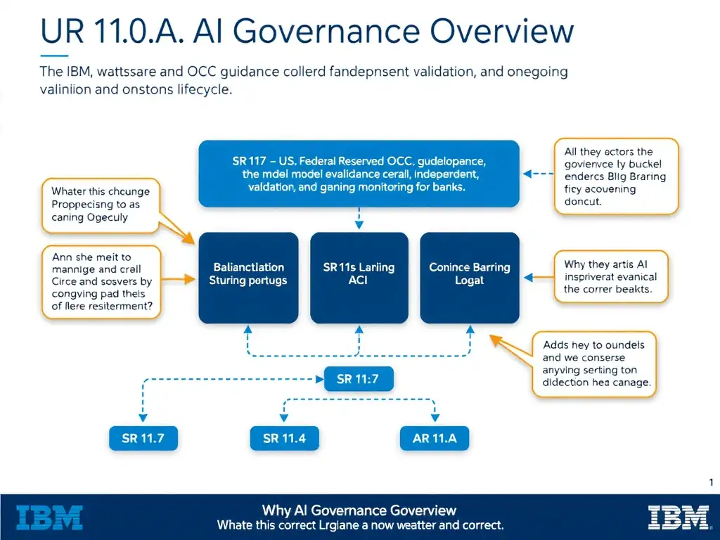 Educational infographic for IBM watsonx.governance: visualize the concept of 'SR 11-7 — U.S. Federal Reserve and OCC guidance covering model development, independent validation, and ongoing monitoring for banks' within the '1.0 AI Governance Overview' domain. Use a clean flowchart or layered diagram showing how this capability fits into an AI governance lifecycle — include labeled boxes for key steps, arrows showing data flow, and IBM blue/navy color palette. Add concise callout labels highlighting why this answer is correct.