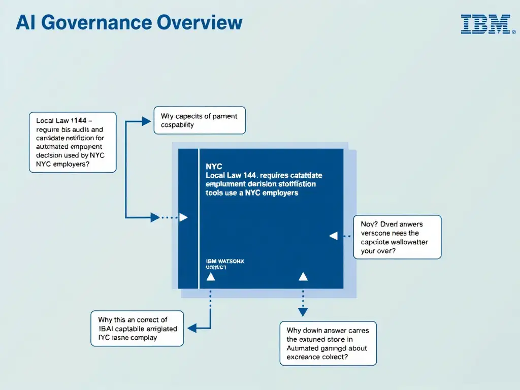 Educational infographic for IBM watsonx.governance: visualize the concept of 'NYC Local Law 144 — requires bias audits and candidate notification for automated employment decision tools used by NYC employers' within the '1.0 AI Governance Overview' domain. Use a clean flowchart or layered diagram showing how this capability fits into an AI governance lifecycle — include labeled boxes for key steps, arrows showing data flow, and IBM blue/navy color palette. Add concise callout labels highlighting why this answer is correct.