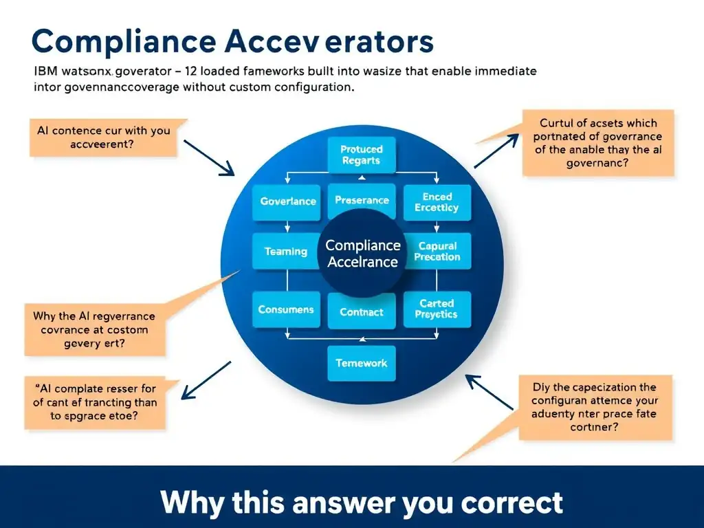 Educational infographic for IBM watsonx.governance: visualize the concept of 'Compliance Accelerators — 12 pre-loaded regulatory frameworks built into watsonx.governance that enable immediate governance coverage without custom configuration' within the '1.0 AI Governance Overview' domain. Use a clean flowchart or layered diagram showing how this capability fits into an AI governance lifecycle — include labeled boxes for key steps, arrows showing data flow, and IBM blue/navy color palette. Add concise callout labels highlighting why this answer is correct.