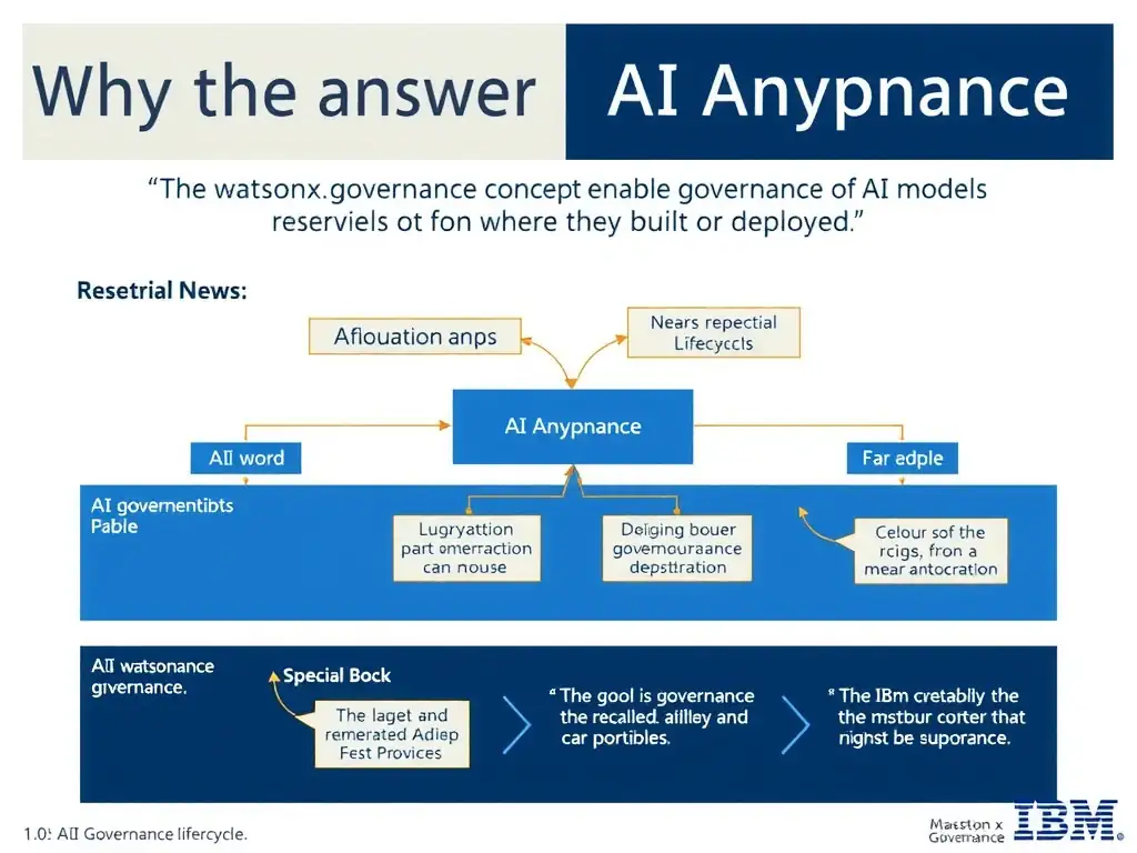 Educational infographic for IBM watsonx.governance: visualize the concept of 'AI Anywhere — the watsonx.governance concept enabling governance of AI models regardless of where they are built or deployed' within the '1.0 AI Governance Overview' domain. Use a clean flowchart or layered diagram showing how this capability fits into an AI governance lifecycle — include labeled boxes for key steps, arrows showing data flow, and IBM blue/navy color palette. Add concise callout labels highlighting why this answer is correct.