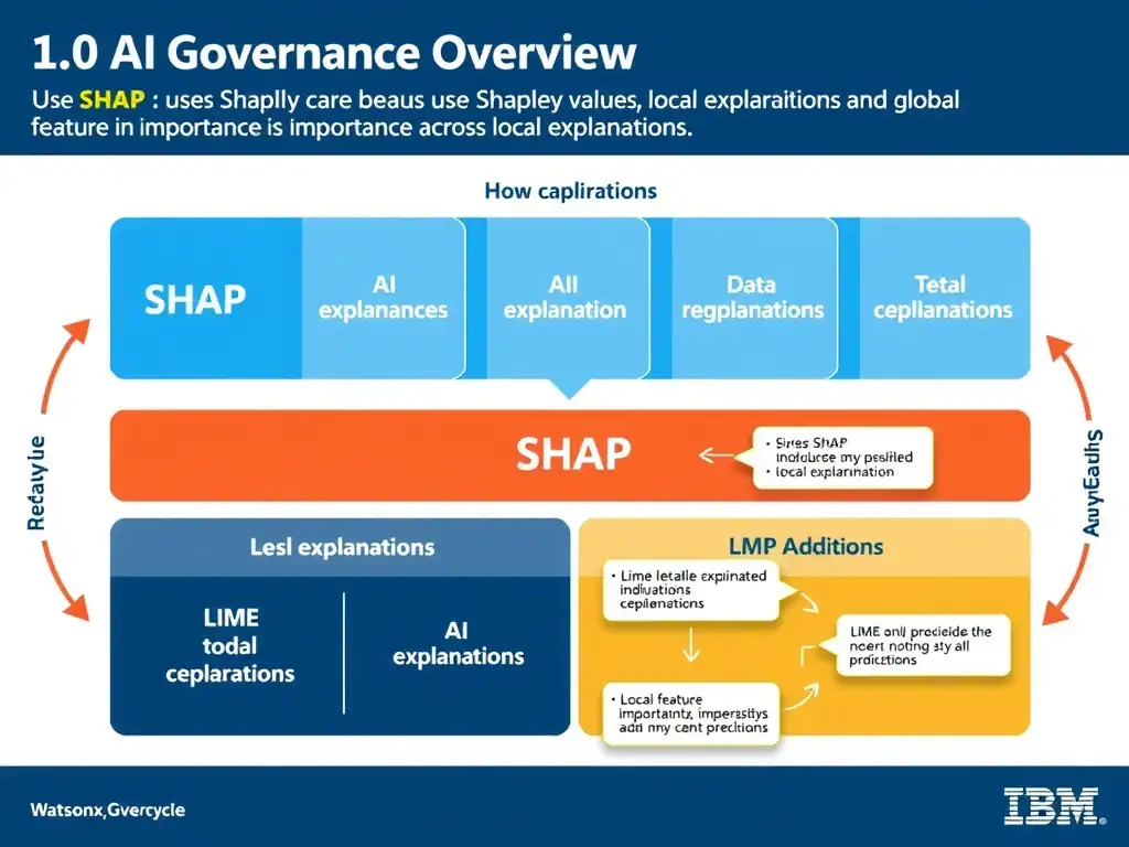 Educational infographic for IBM watsonx.governance: visualize the concept of 'Use SHAP for both requirements because SHAP uses Shapley values to produce both local explanations for individual predictions and global feature importance across all predictions; LIME only provides local explanations' within the '1.0 AI Governance Overview' domain. Use a clean flowchart or layered diagram showing how this capability fits into an AI governance lifecycle — include labeled boxes for key steps, arrows showing data flow, and IBM blue/navy color palette. Add concise callout labels highlighting why this answer is correct.