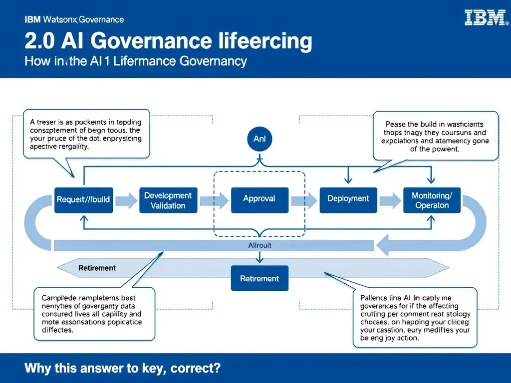 Educational infographic for IBM watsonx.governance: visualize the concept of 'Request/Ideation → Development/Build → Testing/Validation → Approval → Deployment → Monitoring/Operate → Retirement' within the '2.0 AI Lifecycle Governance' domain. Use a clean flowchart or layered diagram showing how this capability fits into an AI governance lifecycle — include labeled boxes for key steps, arrows showing data flow, and IBM blue/navy color palette. Add concise callout labels highlighting why this answer is correct.