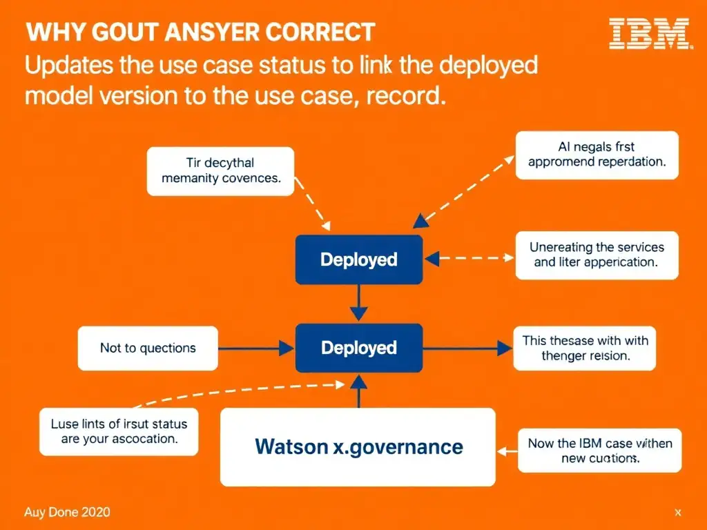 Educational infographic for IBM watsonx.governance: visualize the concept of 'Updates the use case status to Deployed and links the deployed model version to the use case record' within the '2.0 AI Lifecycle Governance' domain. Use a clean flowchart or layered diagram showing how this capability fits into an AI governance lifecycle — include labeled boxes for key steps, arrows showing data flow, and IBM blue/navy color palette. Add concise callout labels highlighting why this answer is correct.