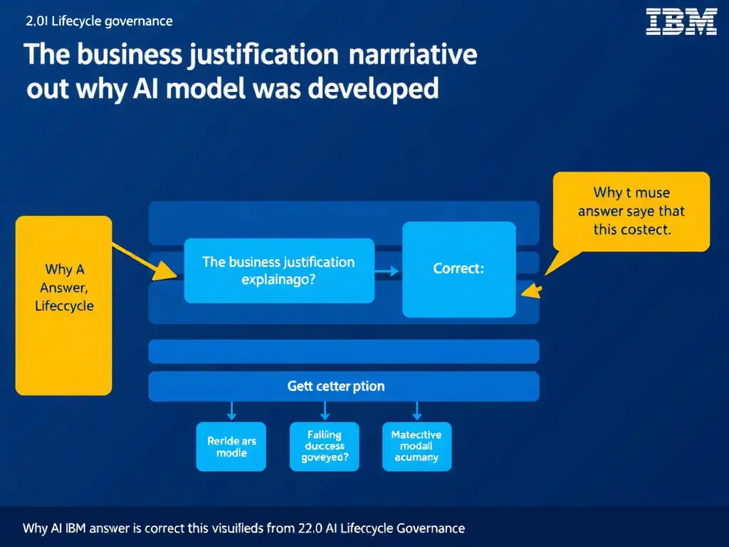 Educational infographic for IBM watsonx.governance: visualize the concept of 'The business justification narrative explaining why the model was developed' within the '2.0 AI Lifecycle Governance' domain. Use a clean flowchart or layered diagram showing how this capability fits into an AI governance lifecycle — include labeled boxes for key steps, arrows showing data flow, and IBM blue/navy color palette. Add concise callout labels highlighting why this answer is correct.