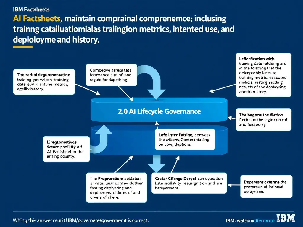 Educational infographic for IBM watsonx.governance: visualize the concept of 'AI Factsheets that maintain comprehensive technical documentation including training data lineage, evaluation metrics, intended use, and deployment history' within the '2.0 AI Lifecycle Governance' domain. Use a clean flowchart or layered diagram showing how this capability fits into an AI governance lifecycle — include labeled boxes for key steps, arrows showing data flow, and IBM blue/navy color palette. Add concise callout labels highlighting why this answer is correct.