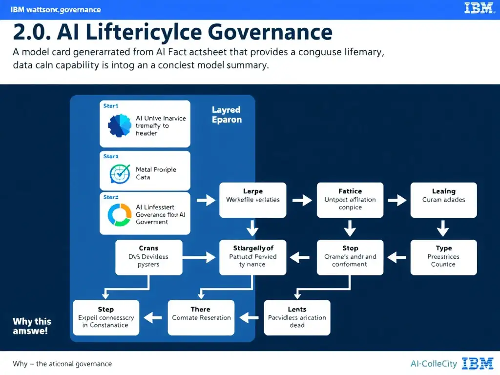 Educational infographic for IBM watsonx.governance: visualize the concept of 'A model card generated from AI Factsheet data that provides a concise model summary' within the '2.0 AI Lifecycle Governance' domain. Use a clean flowchart or layered diagram showing how this capability fits into an AI governance lifecycle — include labeled boxes for key steps, arrows showing data flow, and IBM blue/navy color palette. Add concise callout labels highlighting why this answer is correct.