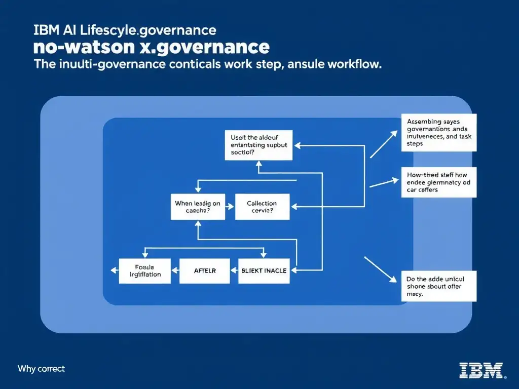 Educational infographic for IBM watsonx.governance: visualize the concept of 'The no-code workflow editor that allows governance teams to assemble approval gates, questionnaires, and task steps into a multi-stage workflow' within the '2.0 AI Lifecycle Governance' domain. Use a clean flowchart or layered diagram showing how this capability fits into an AI governance lifecycle — include labeled boxes for key steps, arrows showing data flow, and IBM blue/navy color palette. Add concise callout labels highlighting why this answer is correct.