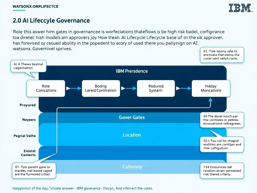 Educational infographic for IBM watsonx.governance: visualize the concept of 'Role-based approval gates in governance workflows that direct high-risk models to designated approvers based on configured risk threshold criteria' within the '2.0 AI Lifecycle Governance' domain. Use a clean flowchart or layered diagram showing how this capability fits into an AI governance lifecycle — include labeled boxes for key steps, arrows showing data flow, and IBM blue/navy color palette. Add concise callout labels highlighting why this answer is correct.