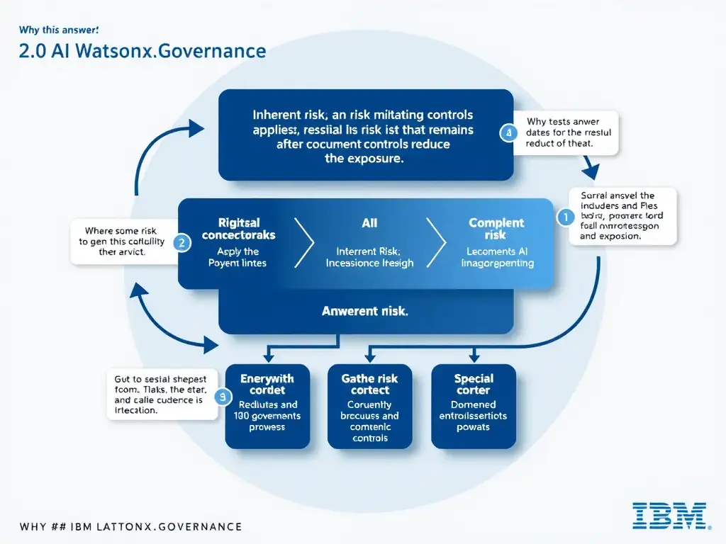 Educational infographic for IBM watsonx.governance: visualize the concept of 'Inherent risk is the risk before mitigating controls are applied; residual risk is the risk that remains after documented controls reduce the exposure' within the '2.0 AI Lifecycle Governance' domain. Use a clean flowchart or layered diagram showing how this capability fits into an AI governance lifecycle — include labeled boxes for key steps, arrows showing data flow, and IBM blue/navy color palette. Add concise callout labels highlighting why this answer is correct.