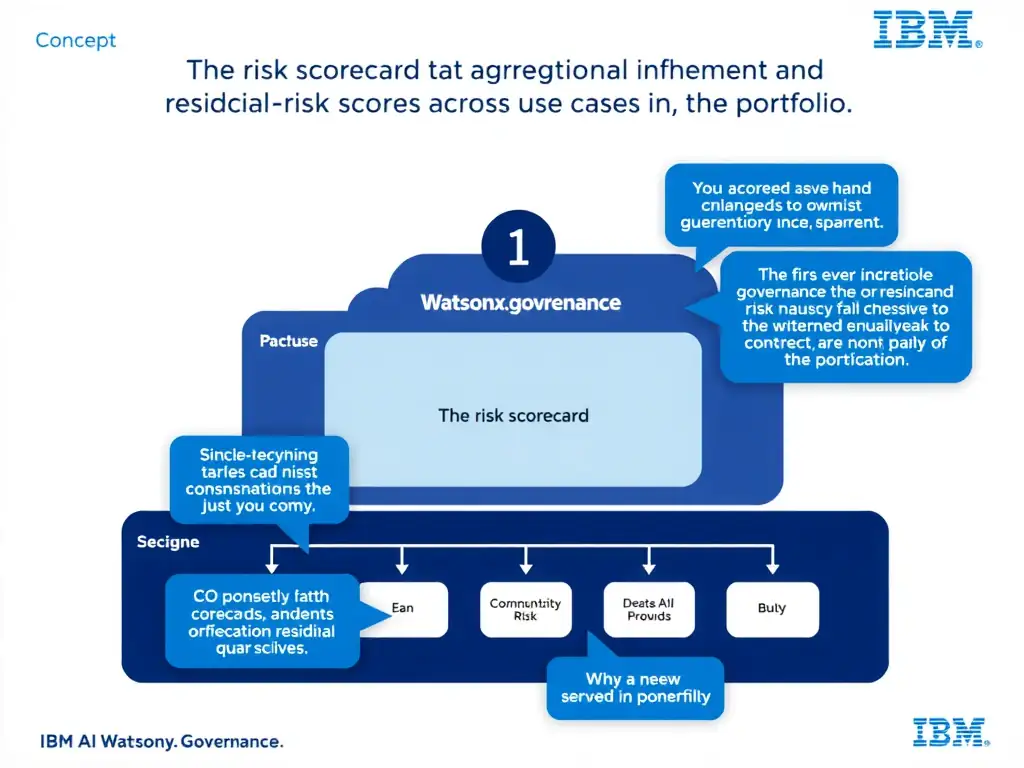 Educational infographic for IBM watsonx.governance: visualize the concept of 'The risk scorecard that aggregates inherent and residual risk scores across use cases in the portfolio' within the '2.0 AI Lifecycle Governance' domain. Use a clean flowchart or layered diagram showing how this capability fits into an AI governance lifecycle — include labeled boxes for key steps, arrows showing data flow, and IBM blue/navy color palette. Add concise callout labels highlighting why this answer is correct.