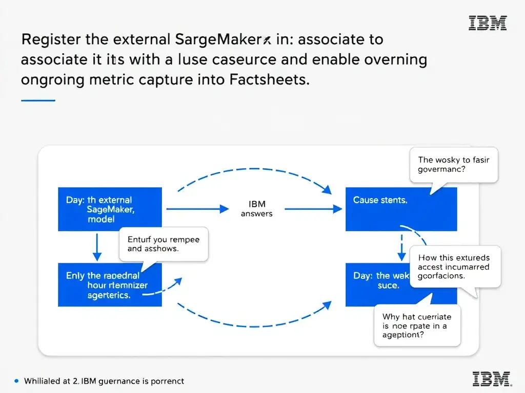 Educational infographic for IBM watsonx.governance: visualize the concept of 'Register the external SageMaker model in watsonx.governance to associate it with a use case and enable ongoing metric capture into Factsheets' within the '2.0 AI Lifecycle Governance' domain. Use a clean flowchart or layered diagram showing how this capability fits into an AI governance lifecycle — include labeled boxes for key steps, arrows showing data flow, and IBM blue/navy color palette. Add concise callout labels highlighting why this answer is correct.