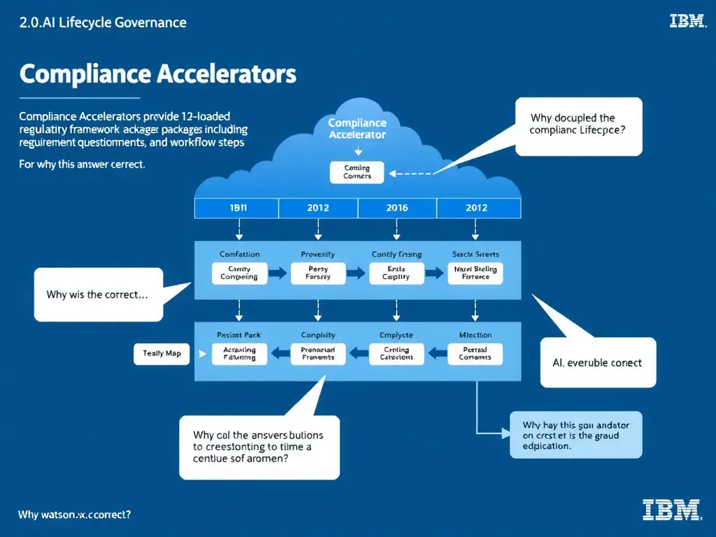 Educational infographic for IBM watsonx.governance: visualize the concept of 'Compliance Accelerators that provide 12 pre-loaded regulatory framework packages including requirements, questionnaires, and workflow steps' within the '2.0 AI Lifecycle Governance' domain. Use a clean flowchart or layered diagram showing how this capability fits into an AI governance lifecycle — include labeled boxes for key steps, arrows showing data flow, and IBM blue/navy color palette. Add concise callout labels highlighting why this answer is correct.