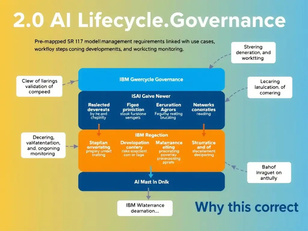 Educational infographic for IBM watsonx.governance: visualize the concept of 'Pre-mapped SR 11-7 model risk management requirements linked to AI use cases with aligned questionnaires and workflow steps covering development, validation, and ongoing monitoring' within the '2.0 AI Lifecycle Governance' domain. Use a clean flowchart or layered diagram showing how this capability fits into an AI governance lifecycle — include labeled boxes for key steps, arrows showing data flow, and IBM blue/navy color palette. Add concise callout labels highlighting why this answer is correct.