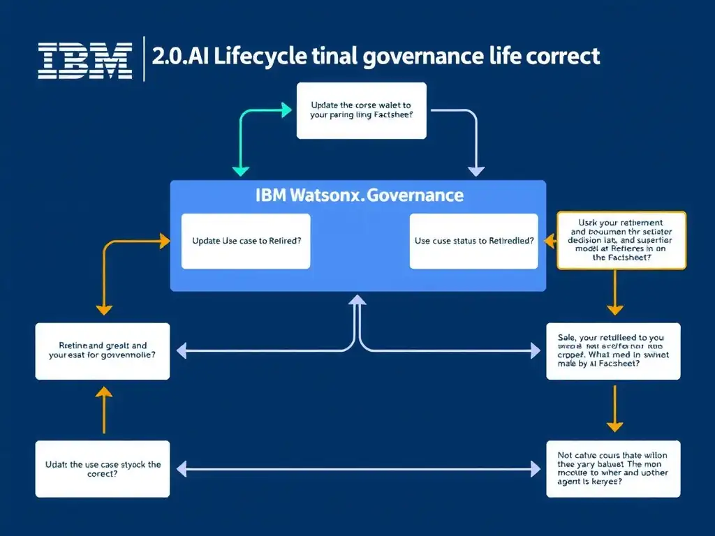 Educational infographic for IBM watsonx.governance: visualize the concept of 'Update the use case status to Retired and document the retirement rationale, decision date, and successor model reference in the Factsheet' within the '2.0 AI Lifecycle Governance' domain. Use a clean flowchart or layered diagram showing how this capability fits into an AI governance lifecycle — include labeled boxes for key steps, arrows showing data flow, and IBM blue/navy color palette. Add concise callout labels highlighting why this answer is correct.